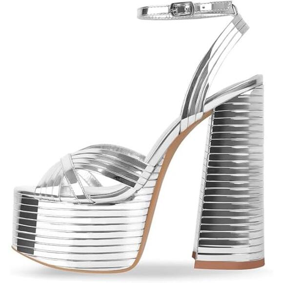 Onlymaker Womens Size 8 Shiny Silver 6" Platform Heels Open Ankle Strap Shoes - Picture 3 of 7